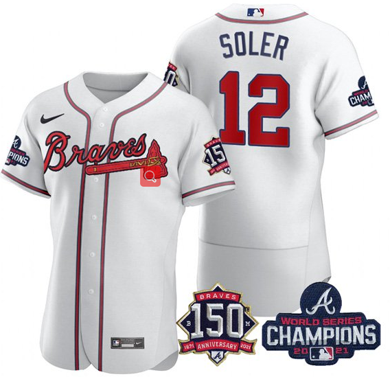 Men's Atlanta Braves #12 Jorge Soler 2021 White World Series Champions With 150th Anniversary Flex Base Stitched Jersey Men's Atlanta Braves #12 Jorge Soler 2021 White World Series Champions With 150th Anniversary Flex Base Stitched Jersey